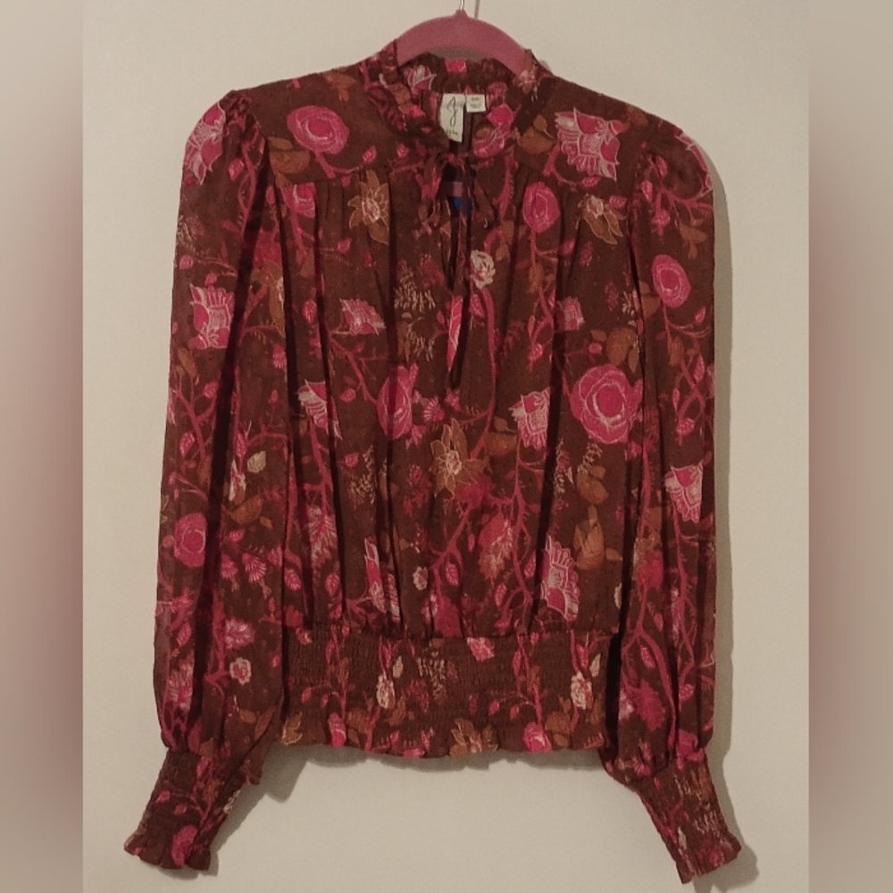 Joie Bohemian S/P Long Sleeve Tie Neck Smocked Cuff And Waist Blouse Brown/Pink